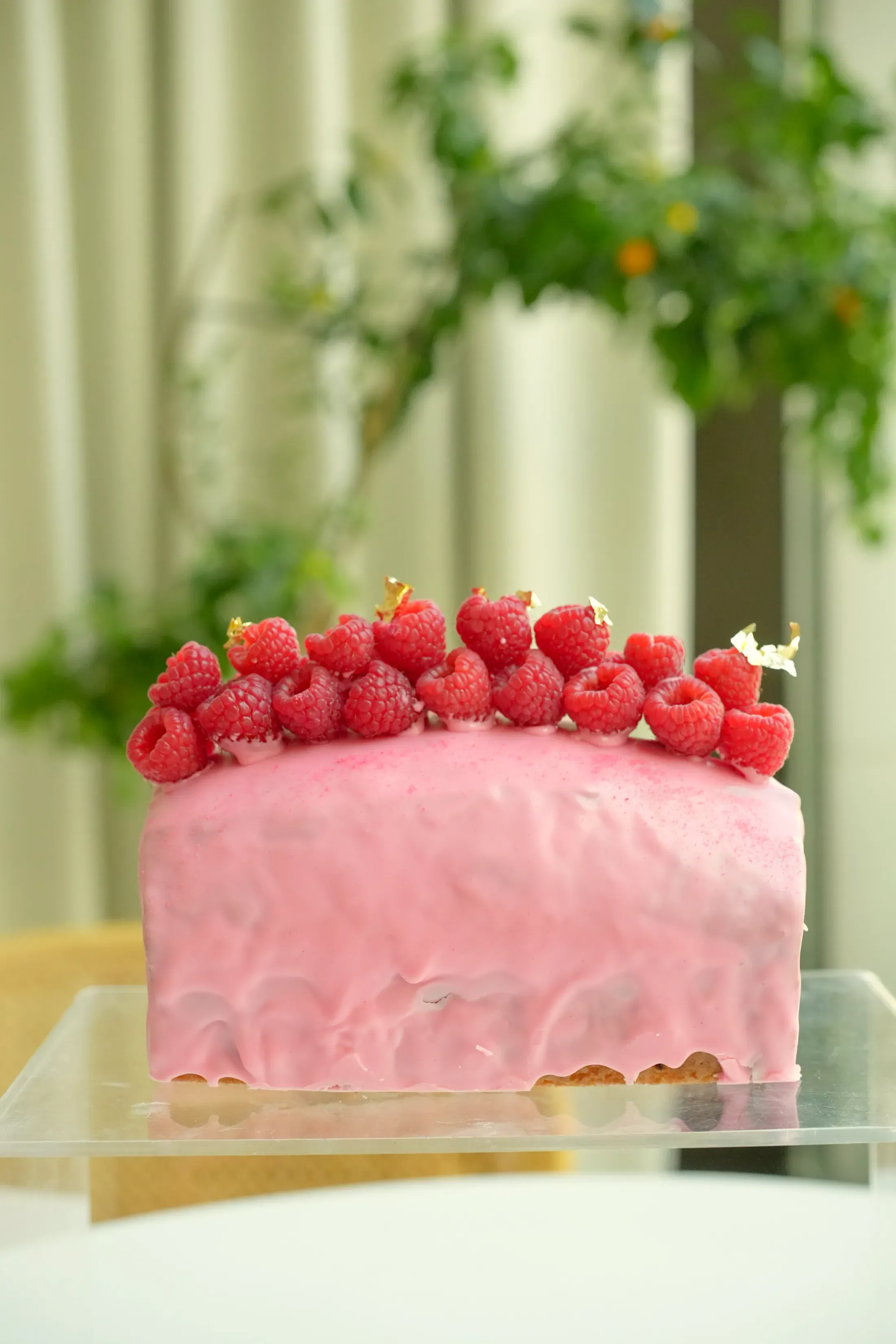 La torta rosa con i lamponi freschi sopra