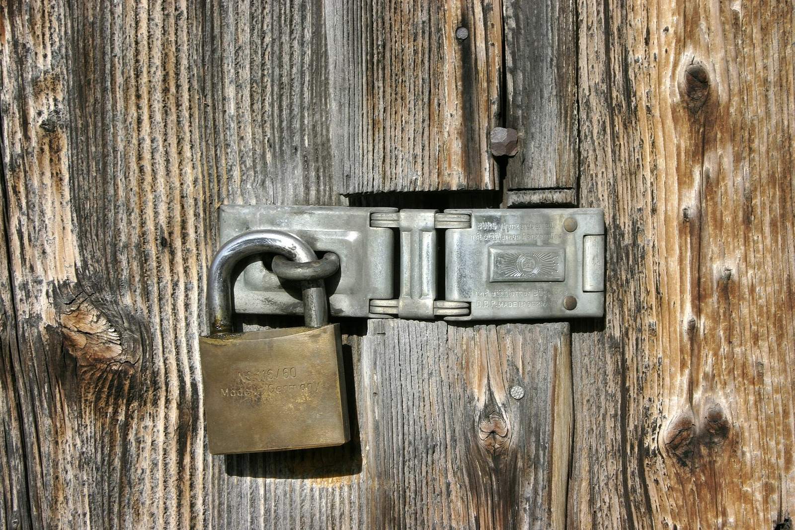 Un lucchetto in ottone chiuso sul catenaccio di un portone di legno