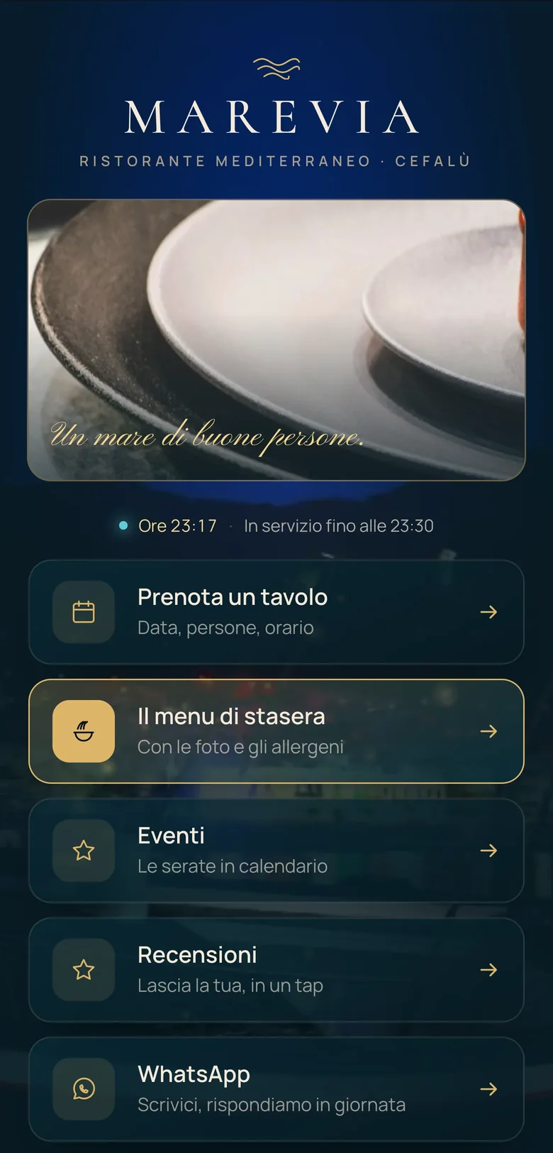 La NODO Page di Marevia sul telefono: Prenota un tavolo, il menu di stasera, eventi, recensioni, WhatsApp